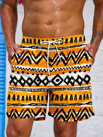 Men's Geometric Print Drawstring Waist Beach Shorts