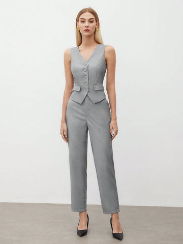 Women's Single-Breasted Suit Vest And Pants Set