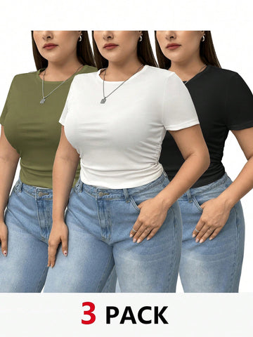 Summer Women's Plus Size Casual Slim Fit 3pcs Solid Color Short Sleeve T-Shirt