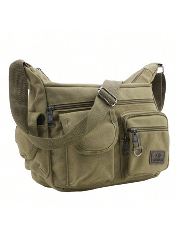 1Pc Khaki Men's Canvas Shoulder Bag Large Capacity Multilayer Messenger Bag Student Travel Shoulder Bag Crossbody Bag Sling Bag Back to School For College School Lightweight Multifunctional