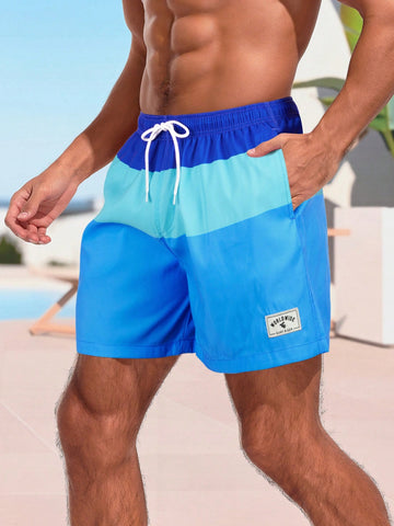 Men'S Contrasting Color Drawstring Waist Beach Shorts