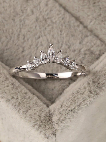 Fashion Silver Cubic Zirconia Decor Crown Detail Ring For Women For Daily Life Wedding Engagement Bridal Jewelry