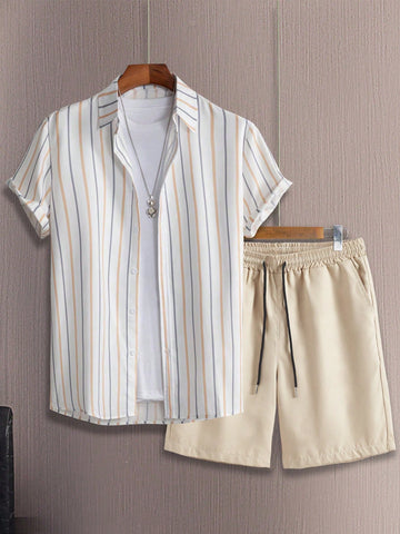 Men Striped Shirt & Drawstring Waist Shorts Without Tee