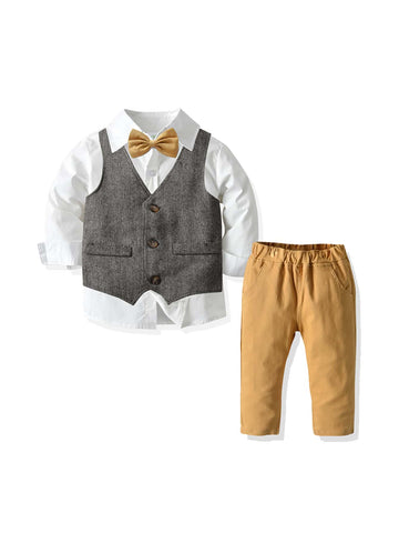Young Boy Button Front Shirt & Vest & Elastic Waist Pants