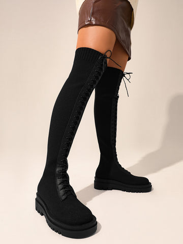 Minimalist Lace Up Decor Sock Boots