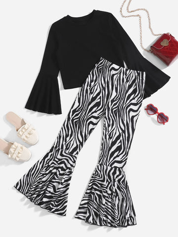 Tween Girl Flounce Sleeve Tee & Zebra Striped Flare Leg Pants
