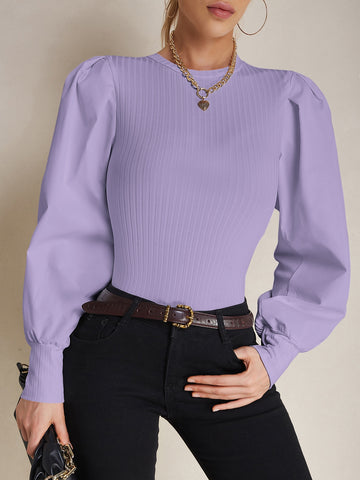 Puff Sleeve Ribbed Knit Top