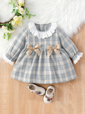 Baby Girl Plaid Eyelet Embroidery Trim Flounce Sleeve Bow Front Dress