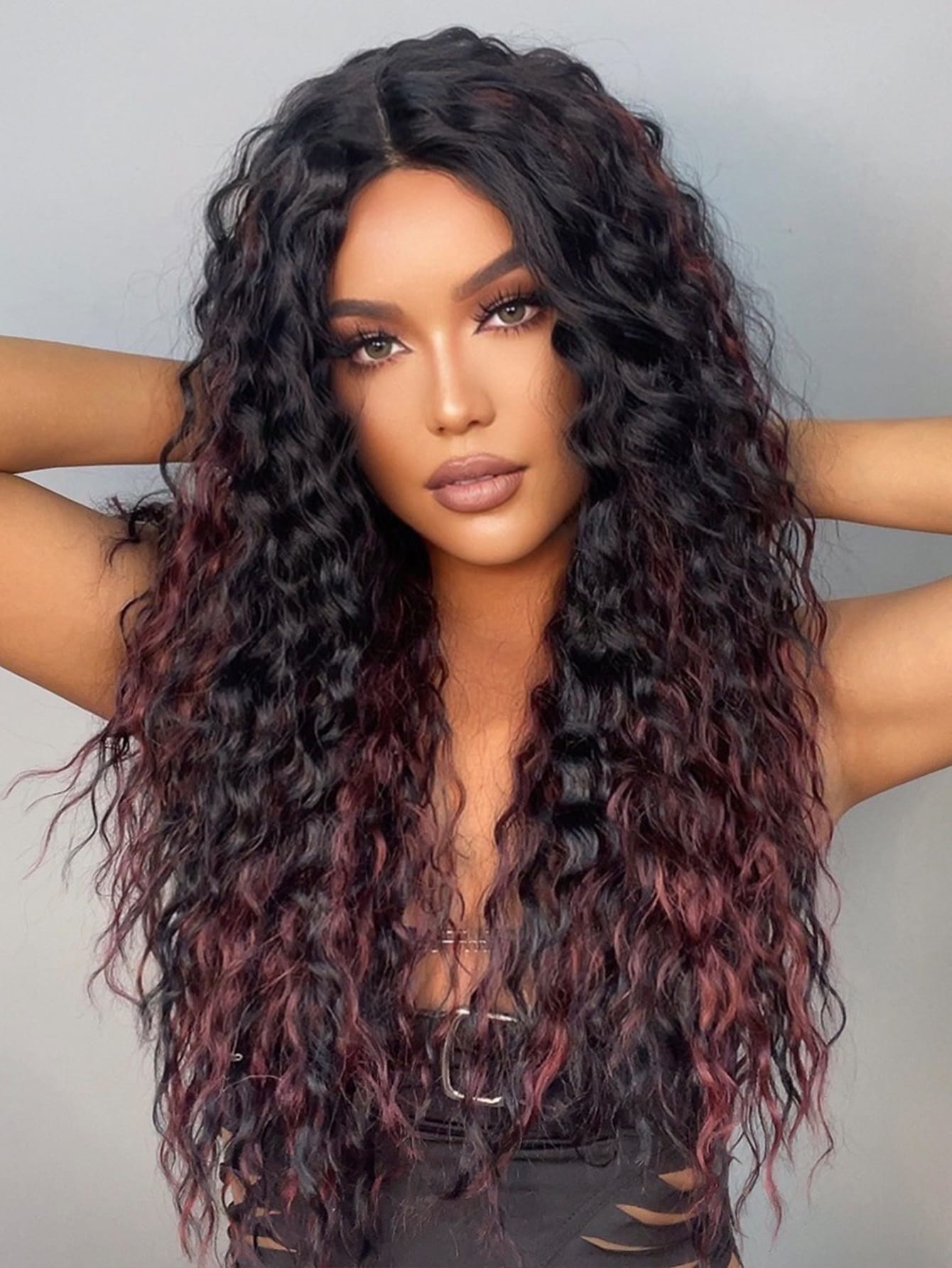 HAIRCUBE 13*4*1 T Part Lace Wigs, 26 And 30 Inch Long Ombre Black Red Wavy Curly Wigs Synthetic Lace Wigs For Party Daily Use