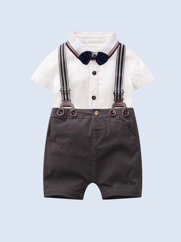 Baby Boy Striped Trim Bow Bodysuit & Pinafore Shorts
