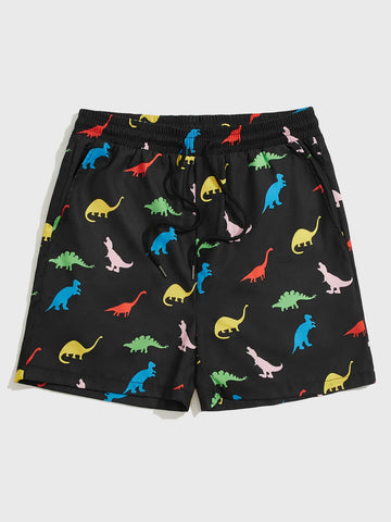Loose Fit Men's Dinosaur Print Shorts With Drawstring Waist