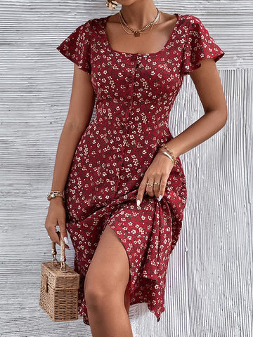 Ditsy Floral Print Butterfly Sleeve Dress