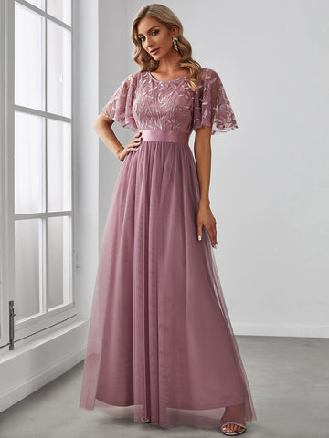 Embroidery & Sequin Bodice Mesh Prom Dress