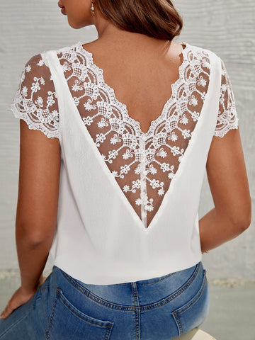 Contrast Embroidery Mesh Blouse