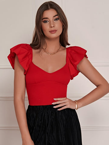 Sweetheart Neck Butterfly Sleeve Fitted Top