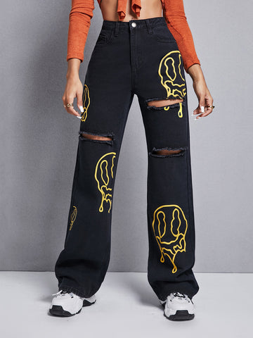 Graphic Print Ripped Wide Leg Jeans