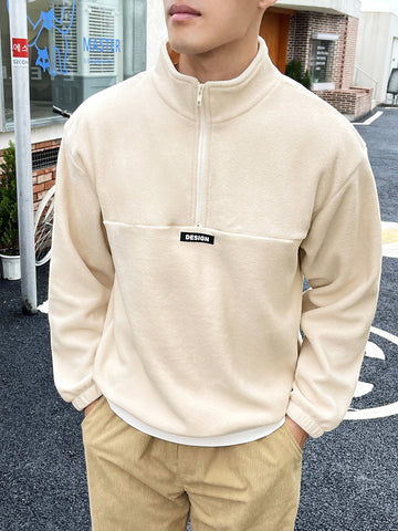 Loose Fit Men's Pullover Flannelette Sweatshirt With Half Zip And Patch Detail