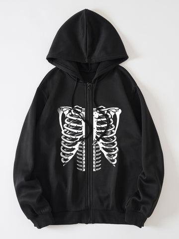 Skeleton Print Zip Up Thermal Lined Drawstring Hoodie