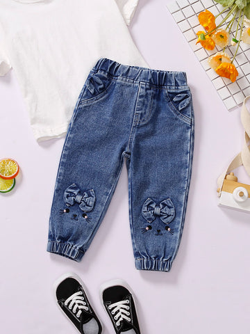 Baby Girl Cartoon Embroidery 3D Ears Design Jogger Jeans