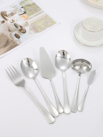 6pcs/set Stainless Steel Tableware Set Including Serving Spoon, Fork, Soup Ladle, Slotted Spoon, Butter Knife, And Cake Shovel For Self-service & Party