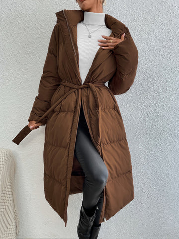 Zip Up Hooded Belted Puffer Coat