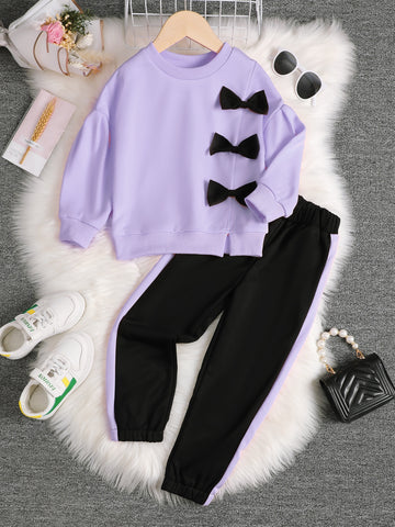 Young Girl Bow Front Drop Shoulder Pullover & Sweatpants