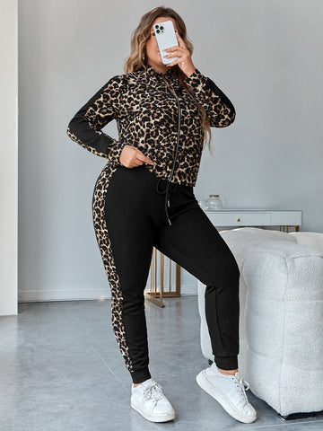 Plus Leopard Print Jacket & Drawstring Waist Sweatpants