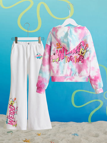 Tween Girl Tie Dye Slogan & Cartoon Graphic Hoodie And Pants Set