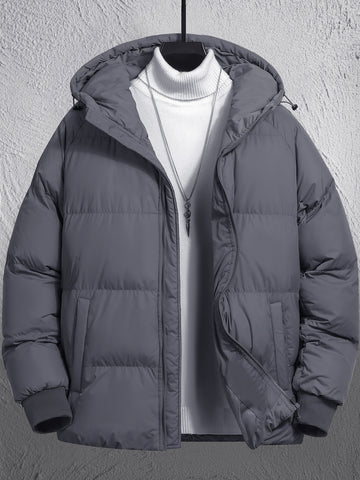 Loose Fit Men's Drawstring Hooded Zipper Puffer Coat Without Inner Sweater