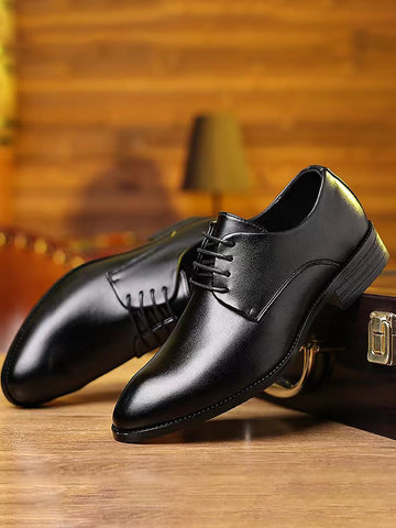 Men's Business Formal Shoes, Pointed Toe British Style Height Increasing Wedding Leather Shoes