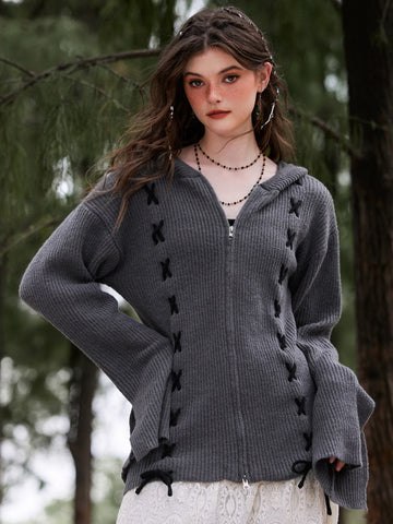 Lace Up Front Drop Shoulder Hooded Cardigan