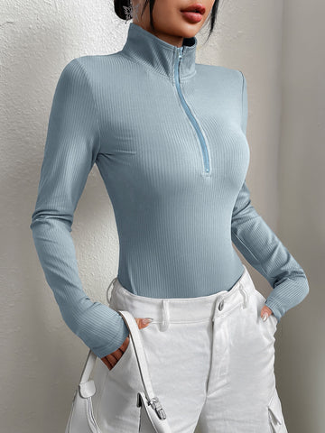 Half Zipper Rib-knit Bodysuit