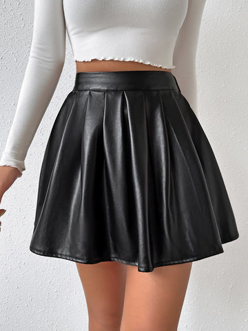 High Waist PU Pleated Skirt