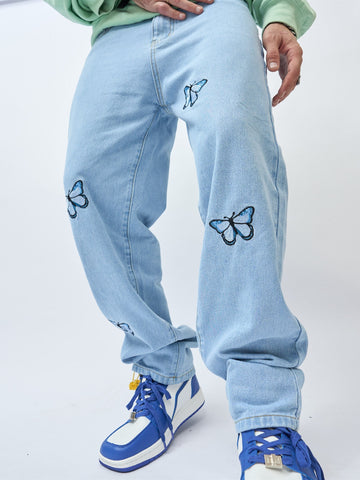 Loose-Fit Men's Jeans With Butterfly Embroidery Design And Straight Leg Cut