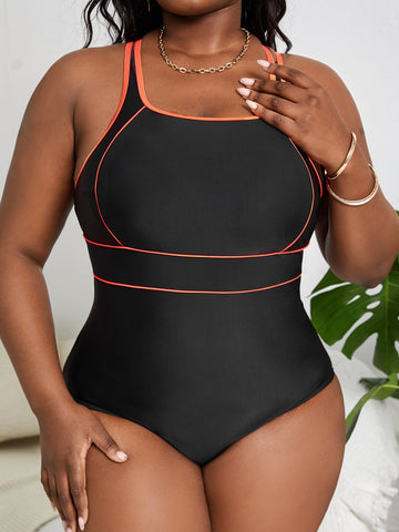 Plus Size Color Block Edging Crisscross Back Strap  Swimsuit For Summer