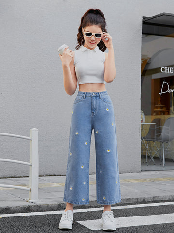 Teen Girls Floral Embroidery Wide Leg Jeans