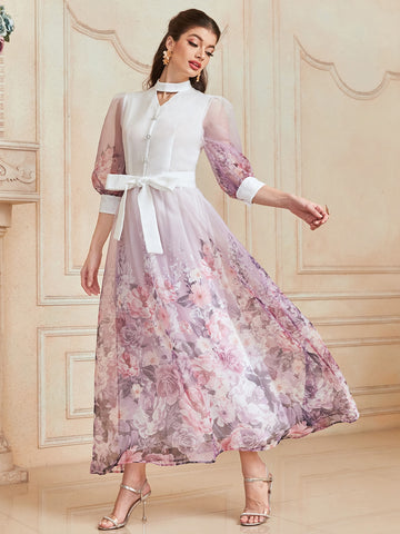 1pc Floral Print Belted Organza Shirt Dress