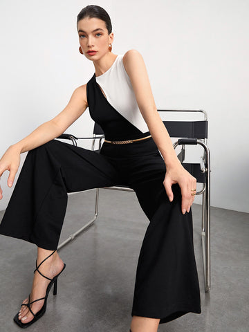 Two Tone Wide Leg Jumpsuit Without Belt Workwear
