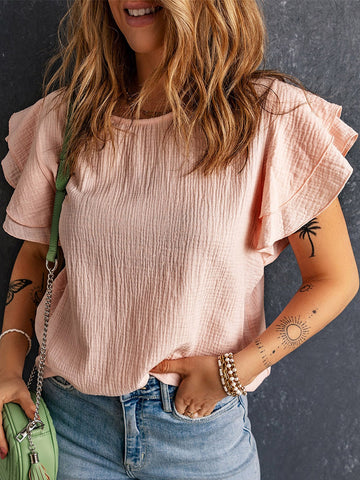 Solid Ruffle Trim Butterfly Sleeve Blouse