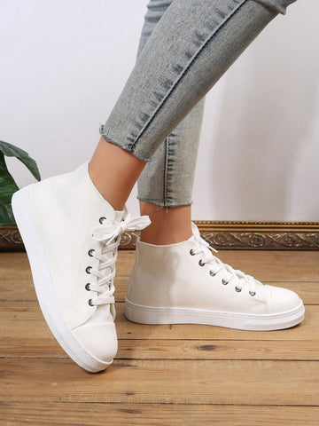 Women's Fashionable And Comfortable Solid Color Lace-up High Top Canvas Sneakers With Flat Sole For Casual Sports, White