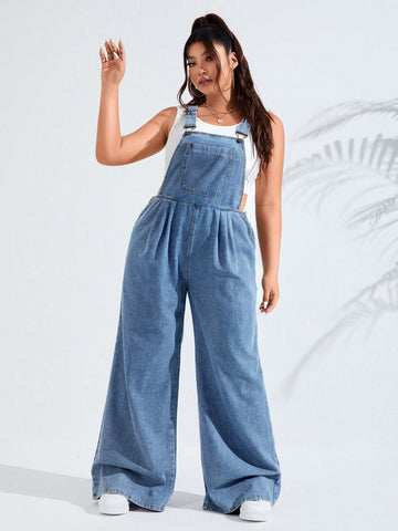 Plus Patched Pocket Wide Leg Denim Overalls Without Tank Top