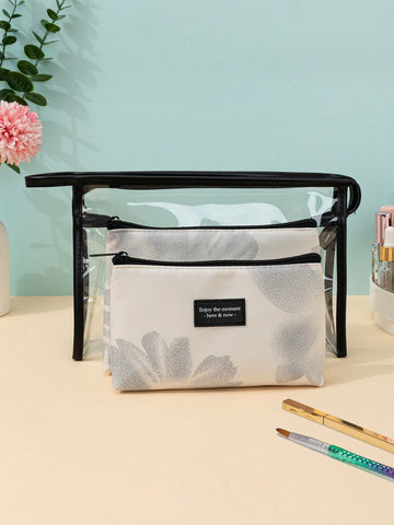 3Pcs Floral Pattern & Clear Makeup Bag Set Black Friday,Makeup Bag Makeup Pouch Skincare Bag Toiletry Bag Packing Cubes,Travel Essentials Cruise Essentials Dorm Essentials,Wedding Bridesmaid Gifts,Mom Gifts,Birthday Gifts,Gifts For Friends And Teachers,Ho