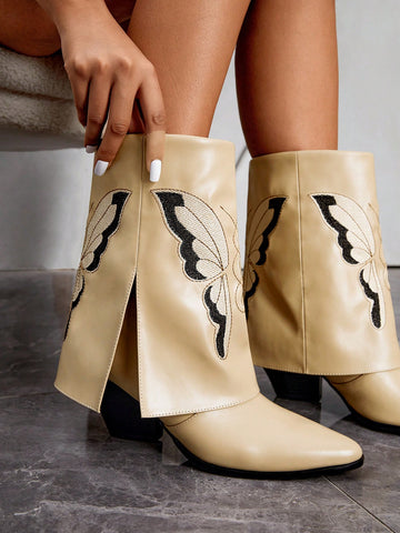 Butterfly Embroidery Detail Chunky Heeled Western Boots