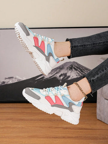 Women Colorblock Lace-up Front Sports Shoes, Sporty Outdoor Chunky Sneakers