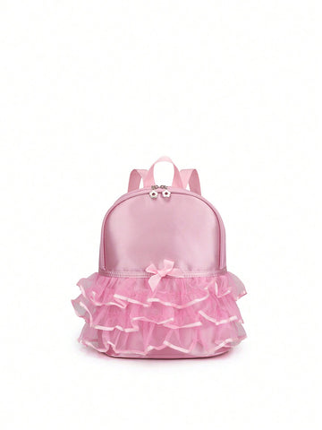 Girls Ruched Detail Bow & Adjustable-strap Decor Zipper Fashionable Classic Backpack