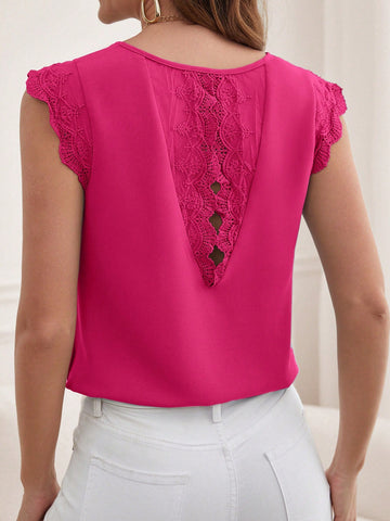 Contrast Embroidery Mesh Scallop Trim Solid Blouse