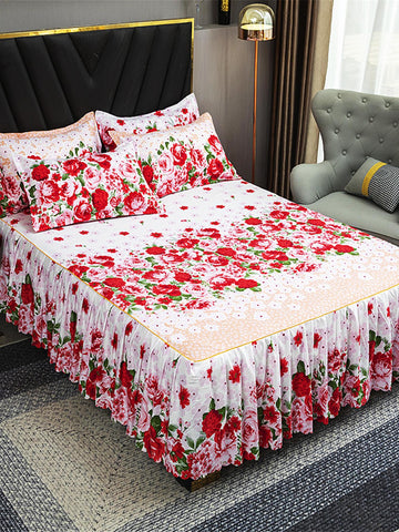 One Skin-Friendly And Soft Printed Bed Skirt, Non-Fading, Non-Pilling And Wrinkle-Resistant, With Embroidered Flower Edges, Active Printed Bed Cover For Single And Double Bed, In Korean-Style Multicolor Bedding Set