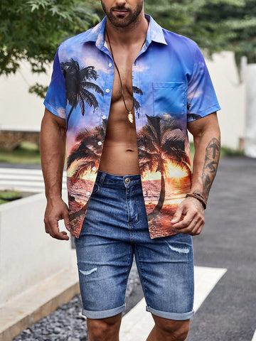 Loose Fit Men's Coconut Tree Printed Short Sleeve Shirt With Patch Pocket