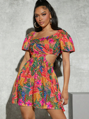 Tropical Print Cut Out Side Dress