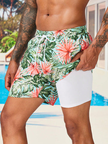 Men's Tropical Printed Drawstring Waist Beach Shorts